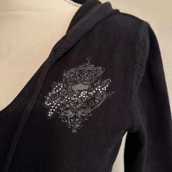Black Guess Jacket Sweatshirt Scoop Neck Ribbed Long Sleeve Bedazzled Logo Small - Picture 7 of 8